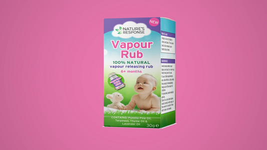 Natural baby vapour rub product box against a soft pink background—soothing relief for baby’s congestion and cold symptoms
